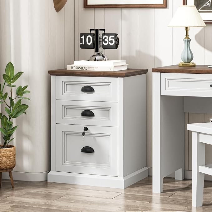 Halitaa Vertical File Cabinet, Filing Cabinet with 3 File Drawers & Lock, Farmhouse Small File Cabinet Fits Letter/A4 Size, Wooden Printer Stand, Home Office Cabinet, White