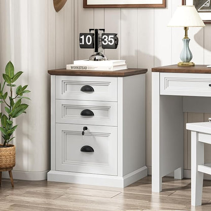Halitaa Vertical File Cabinet, Filing Cabinet with 3 File Drawers & Lock, Farmhouse Small File Cabinet Fits Letter/A4 Size, Wooden Printer Stand, Home Office Cabinet, White