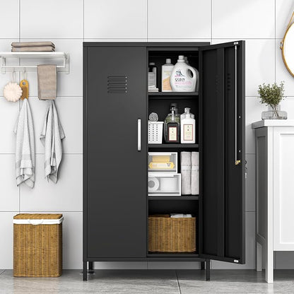 Metal Locker Cabinet, 27" W Bathroom Storage Cabinet, Vertical Steel Storage Cabinet with Locking Door and 3 Adjustable Shelves, Garage Tool File Lockers for Home Office, Garage, Bathroom, Black