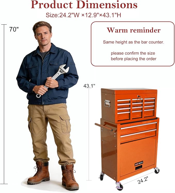 RYH 8 Drawers Rolling Tool Chest & Tool Box on Wheels | Heavy Duty Metal Cart with Ball Bearing Drawers | Fits US General Tool Box for Garage Storage(Orange, 8 Drawers /43.1" H × 24.2" W)