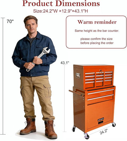 RYH 8 Drawers Rolling Tool Chest & Tool Box on Wheels | Heavy Duty Metal Cart with Ball Bearing Drawers | Fits US General Tool Box for Garage Storage(Orange, 8 Drawers /43.1" H × 24.2" W)