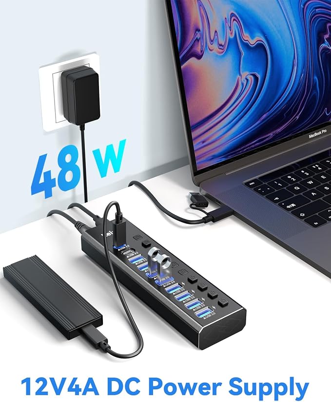 Powered USB Hub 3.2, LEINSIS 10-Port USB 3.2/USB C Hub (10Gbps USB-A 3.2 +2 USB-C 3.2 +7 USB 3.0 Ports) with Individual On/Off Switches and 12V Power Adapter, Aluminum USB Hub Powered for Laptop PC
