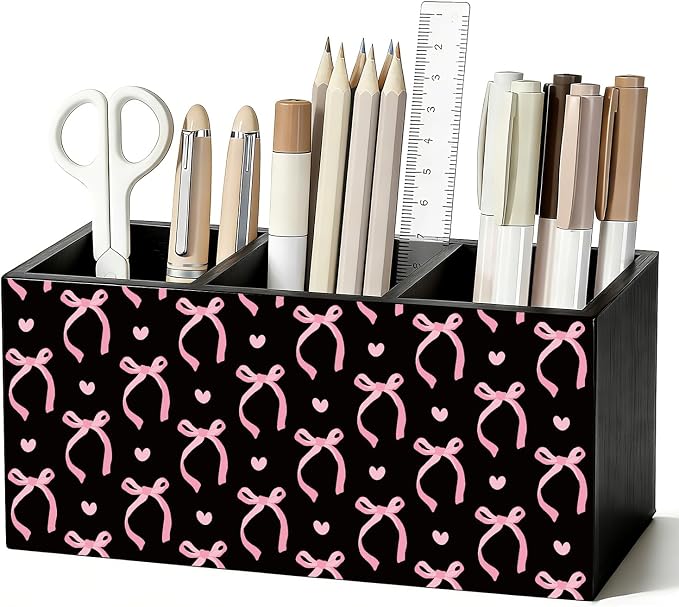 Pink and Black Bow Pen Pencil Holder for Desk Accessories Decor | Office Accessories for Women, Pink and Black Bow Pen Pencil Wooden Organizer Decorations for Dorm Room Bedroom Tabletop Desk