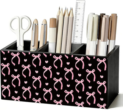 Pink and Black Bow Pen Pencil Holder for Desk Accessories Decor | Office Accessories for Women, Pink and Black Bow Pen Pencil Wooden Organizer Decorations for Dorm Room Bedroom Tabletop Desk