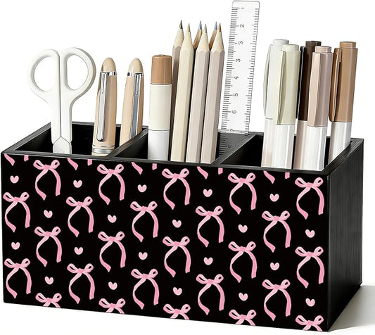 Pink and Black Bow Pen Pencil Holder for Desk Accessories Decor | Office Accessories for Women, Pink and Black Bow Pen Pencil Wooden Organizer Decorations for Dorm Room Bedroom Tabletop Desk