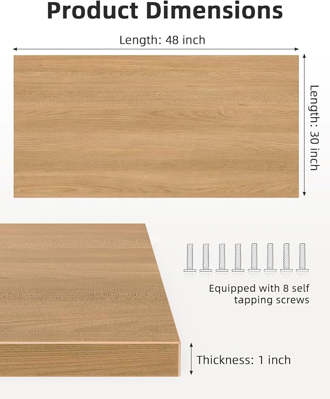 Universal 48 x 30 One-Piece Solid Wood Table Top, 1" Thick Desktop for Stand Up Height Adjustable Desk Frames, Home Office Tabletop, Countertop DIY, Elmwood