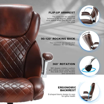 Leather Office Chair Brown with Flip up Arms, Big and Tall High Back Executive Office Desk Chairs with Wheels, Rocking Managerial Ergonomic Home Computer Chairs with Lumbar Support, Brown