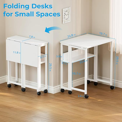 GreenForest Folding Desk with Wheels, 24.8 Inch Compact Rolling Computer Table with Storage Shelf, Portable Mobile Workstation for Small Spaces, Easy Assembly, Pure White