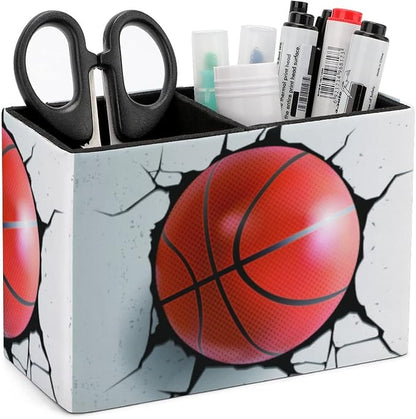 Niapessel Pencil Holder for Desk, Basketball Ball Pen Holder Storage Desktop Pen Organizer Desk Pencil Organizer Makeup Brush Holder for Office School College Leather