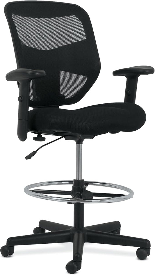 HON Prominent Mesh Ergonomic Standing Office Drafting Chair with Adjustable Arms, Footrest, 360 Swivel Task Chair for Computers, Desk, Home Office, Black