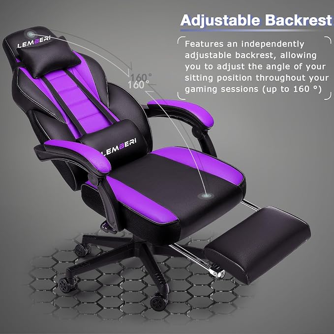 LEMBERI Big and Tall Gaming Chair 400lb Capacity, Heavy-Duty Office Chair with Reinforced Footrest, Wide Seat High Back PC Desk Chair with Linkage Armrests, Thickened Steel Frame, PU Leather, Purple