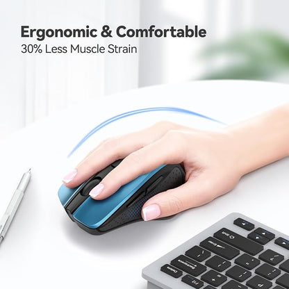 TECKNET Wireless Mouse, 2.4G Ergonomic Optical Mouse, Computer Mouse for Laptop, PC, Computer, Chromebook, Notebook, 6 Buttons, 24 Months Battery Life, 2600 DPI, 5 Adjustment Levels - Azure