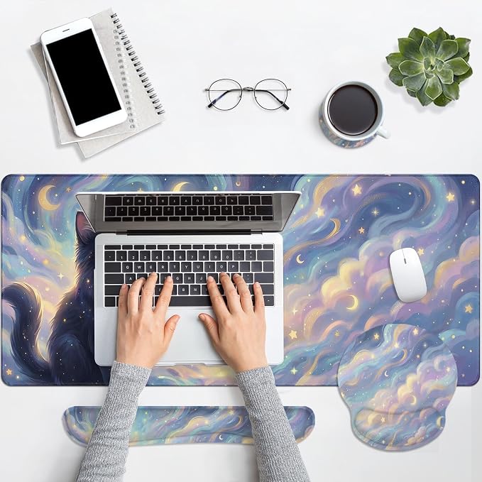 Britimes Starry Clouds Keyboard Mouse Pad Set Whimsical Cat 4in1 Large Mousepad+Keyboard Wrist Rest+Mouse Wrist Rest+Coaster Ergonomic Design for Home Office Computer 35.4x15.7 inches