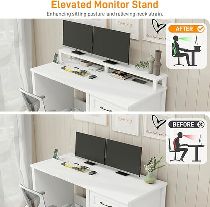 Vabches 47" Farmhouse Executive Desk with Monitor Stand and LED Lights,4 Drawers Computer Desk with Power Outlets,Large Workspace for Work Study Writing.(White)