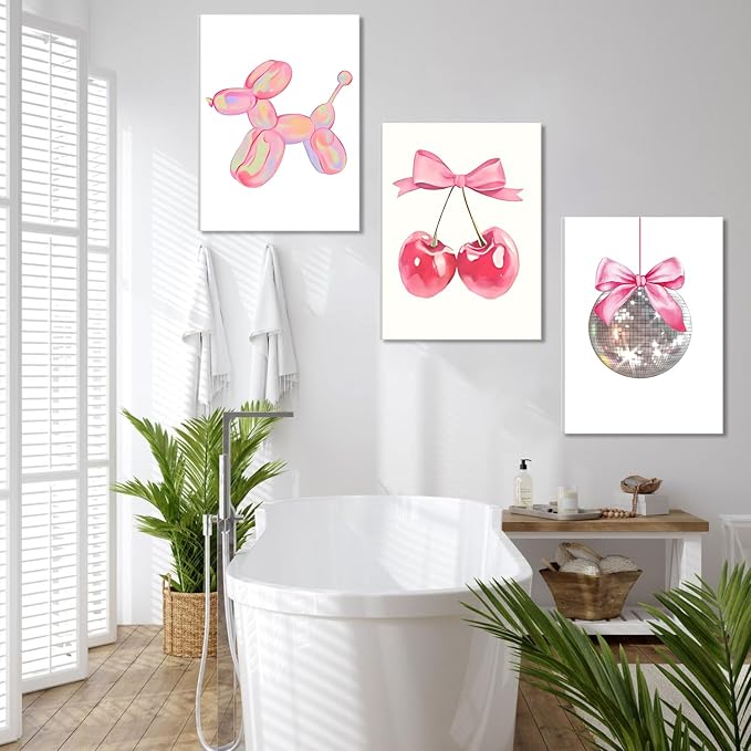 Trendy Pink Bows Canvas Wall Art Set of 3, Vintage Preppy Cherry Disco Ball Posters Wall Decor, Pink Girly Room Aesthetic Painting Prints for College Apartment Living Room Bedroom 12x16 In Framed