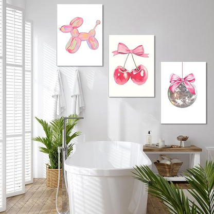 Trendy Pink Bows Canvas Wall Art Set of 3, Vintage Preppy Cherry Disco Ball Posters Wall Decor, Pink Girly Room Aesthetic Painting Prints for College Apartment Living Room Bedroom 12x16 In Framed