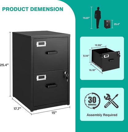 SISESOL 2 Drawer File Cabinet with Lock,Narrow Vertical Filing Cabinet,Under Desk File Cabinets,Black Metal File Cabinets for Home Office,Fit Letter/A4/Legal Size File, Easy Assembly