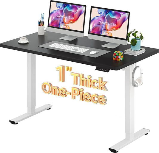 SANODESK Electric Standing Desk 55 x 28 Inches Whole-Piece Desktop Height Adjustable Stand Up Desk w/6-Button Controller Ergonomic Computer Desk for Home Office, White Frame + Black Tabletop