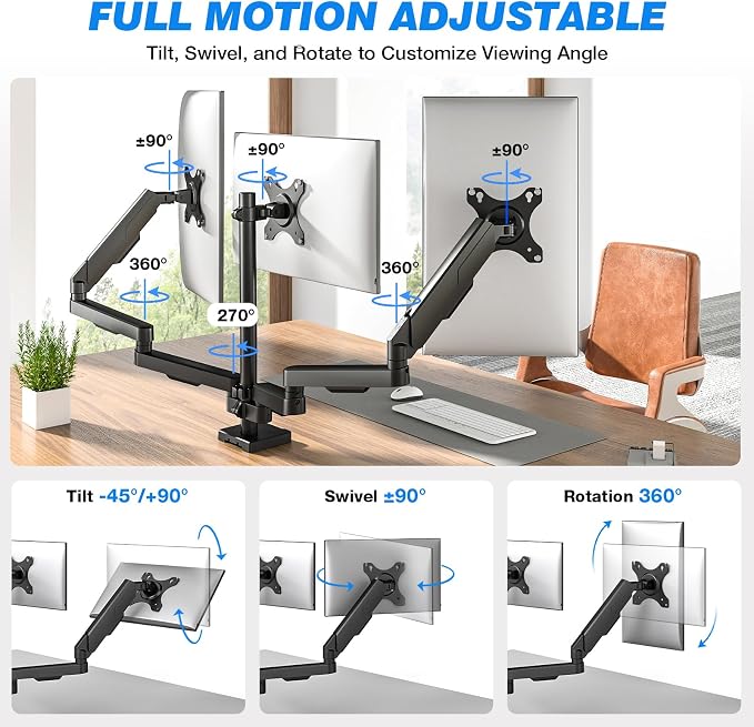 Triple Monitor Desk Mount Stand for 17"-32" Screens, Extra Tall & Long Desk Mount Hold up to 19.8lbs Each, Three Display Arm for Working Gaming with Tilt Swivel Rotation, VESA 75/100mm