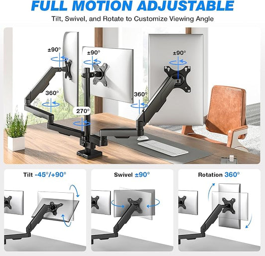 Triple Monitor Desk Mount Stand for 17"-32" Screens, Extra Tall & Long Desk Mount Hold up to 19.8lbs Each, Three Display Arm for Working Gaming with Tilt Swivel Rotation, VESA 75/100mm