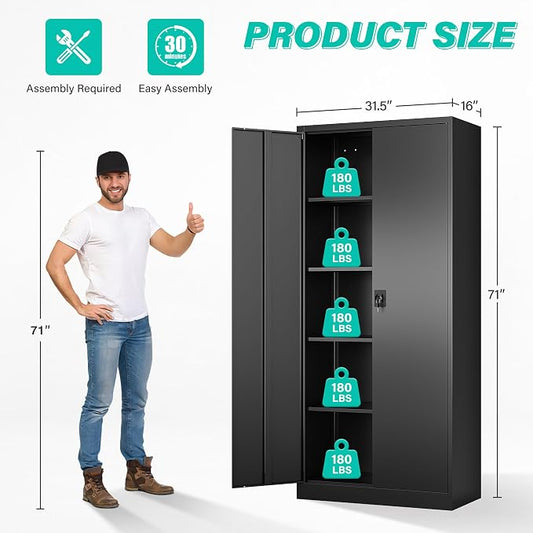 SISESOL Metal Storage Cabinet with 2 Doors and 5 Shelves,71" Lockable Garage Storage Cabinet,Black Metal Cabinets with Lock,Locking Steel Cabinets for Home,Office,Garage,Shop,School