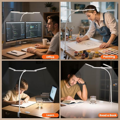 LED Desk Lamp for Office Home, Adjustable 3 Head Computer Monitor Light with Clamp, Eye Caring Clip on Desk Light Stepless Dimming, Auto-off Timer Architect Desk Lamp for Reading Study Workbench White