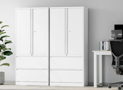 SISESOL Storage Cabinet Metal Display Cabinet with Glass Doors, 71in H x 31.5in W x 15.7in D, White, Kitchen Pantry Cabinet for Home Office, Bathroom, Bedroom, Living Room