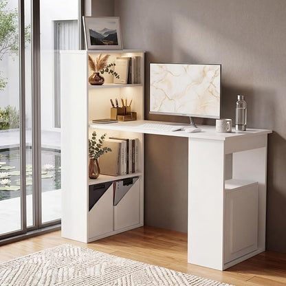 Tangkula White Computer Desk with Bookshelf, Writing Study Desk with Storage Shelves & CPU Stand, Modern Compact Computer Workstation for Home & Office, Space-Saving Design
