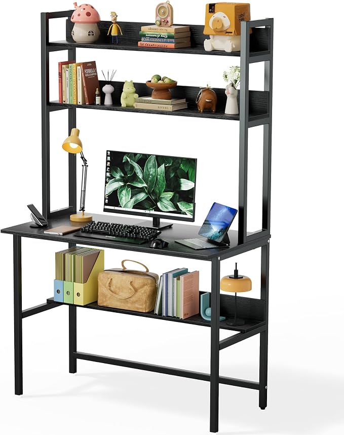 Aquzee Computer Desk with Hutch, 40“W x 19.6" D Desk with Shelves, Tall Home Office Desk with Bookshelf, Metal Legs Study Table with Upper Storage Shelf for Study Writing/Workstation, Black