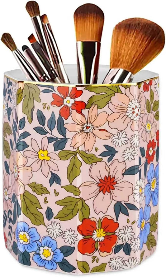 Pen Holder, Makeup Brush Holder Ceramic Gold Vintage Floral Flowers Pattern Pencil Cup for Girls Kids Women Durable Stand Desk Organizer Storage Gift for Office, Classroom, Home Retro Pink