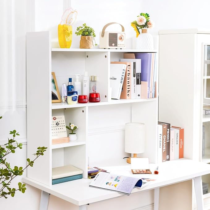 deli Desktop Shelf, Desk Hutch with 5 Shelves for Computer Desk, Desktop 3-Tier Display Rack, Multipurpose Wood Desktop Bookshelf Storage Organizer for Dorm Office Home, White