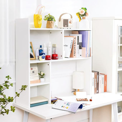 deli Desktop Shelf, Desk Hutch with 5 Shelves for Computer Desk, Desktop 3-Tier Display Rack, Multipurpose Wood Desktop Bookshelf Storage Organizer for Dorm Office Home, White