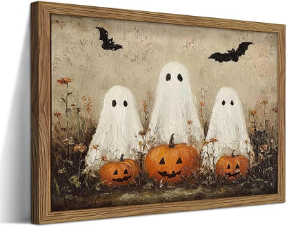 Framed Rustic Halloween Ghost Wall Art - Vintage Farmhouse Ghosts Pumpkins and Bats Canvas Print, Country Cottage Halloween Wall Decor for Living Room Bedroom, 8x10in Wood Frame