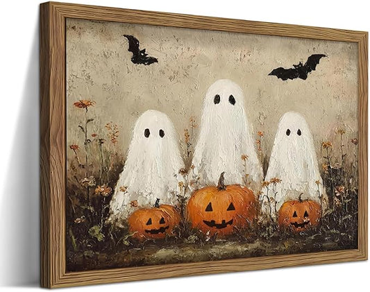 Framed Rustic Halloween Ghost Wall Art - Vintage Farmhouse Ghosts Pumpkins and Bats Canvas Print, Country Cottage Halloween Wall Decor for Living Room Bedroom, 8x10in Wood Frame