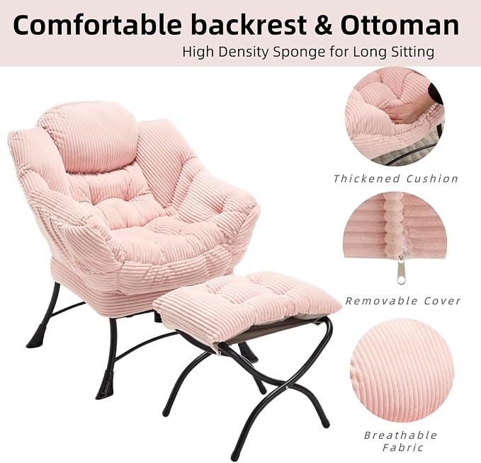 Modern Lazy Chair with Ergonomic Ottoman, Comfortable Lounge Chair with Footrest for Space Saving, Comfy Reading Armchair for Living Room, Bedroom, Office, Pink