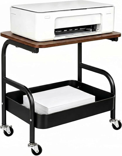 Rolling Printer Stand with Wheels 2 Tier Under Desk Printer Table with Storage, Mobile Small Short Rolling Cart for Home Office Pantry Organization, Black