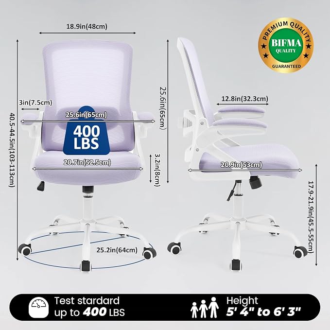 Executive Office Chair with Adjustable Lumbar Support Flip-Up Arms,Lavender | Executive Mesh Office Chair with Adjustable Lumbar Support, Flip-Up Arms, Thick Foam Seat, Swivel Rolling Chair, 400lbs
