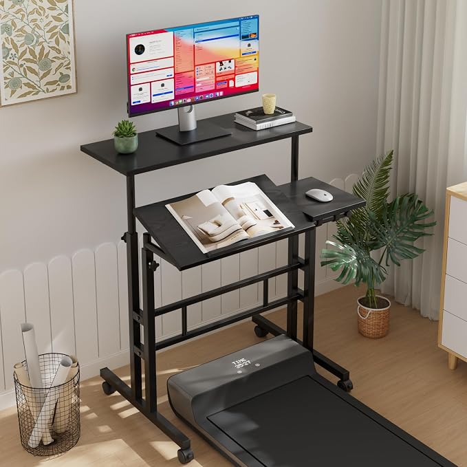 VECELO Mobile Small Standing Desk Adjustable Height, Computer Workstations with Tiltable Tabletop, Lockable Wheels, Portable Rolling Laptop Desk for Home Office, Black