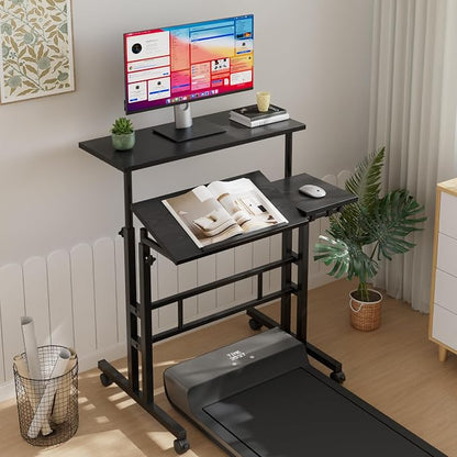 VECELO Mobile Small Standing Desk Adjustable Height, Computer Workstations with Tiltable Tabletop, Lockable Wheels, Portable Rolling Laptop Desk for Home Office, Black
