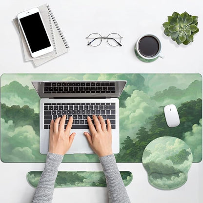 Britimes Green Cloud Keyboard Mouse Pad Set Forest Mountain Aesthetic 4in1 Large Mousepad+Keyboard Wrist Rest+Mouse Wrist Rest+Coaster Ergonomic Design for Home Office Computer 35.4x15.7 inches
