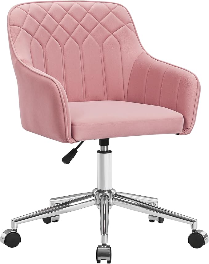 VECELO Modern Velvet Swivel Home Office Desk Chair with Back & Rolling Wheels, Adjustable Seat Height for Girls Women Bed Room Vanity Makeup/Task/Computer Work, Pink