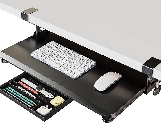 Fenge Keyboard Tray Under Desk, Pull Out Keyboard & Mouse Tray with C Clamp Mount, Sliding Keyboard Holder for Desk, 25.6 x 11.8 inch Large Slide-Out Platform Computer Drawer for Typing