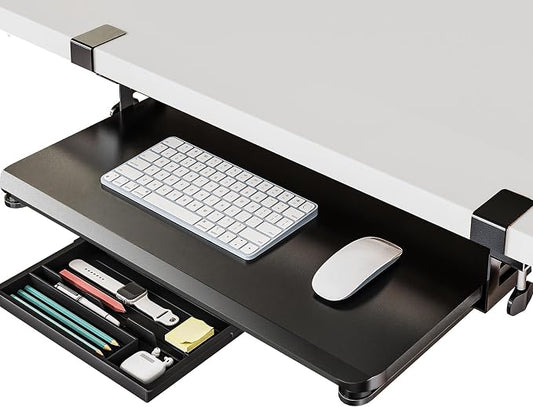 Fenge Keyboard Tray Under Desk, Pull Out Keyboard & Mouse Tray with C Clamp Mount, Sliding Keyboard Holder for Desk, 25.6 x 11.8 inch Large Slide-Out Platform Computer Drawer for Typing