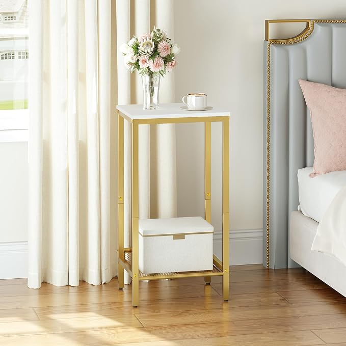 HOOBRO Tall Side Table, Industrial End Telephone Table with Adjustable Mesh Shelves, Small Tall Nightstand for Living Room, Bedroom, Entryway, Office, White and Gold DW03DH01