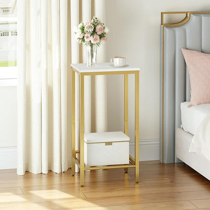 HOOBRO Tall Side Table, Industrial End Telephone Table with Adjustable Mesh Shelves, Small Tall Nightstand for Living Room, Bedroom, Entryway, Office, White and Gold DW03DH01