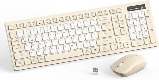Silent Wireless Keyboard and Mouse Combo, Full-Sized Wireless Keyboard and Adjustable DPI Mouse, 2.4GHz USB Receiver, Keyboard and Mouse for PC, Windows, MAC, Desktop, Laptop(Latte-Color B)