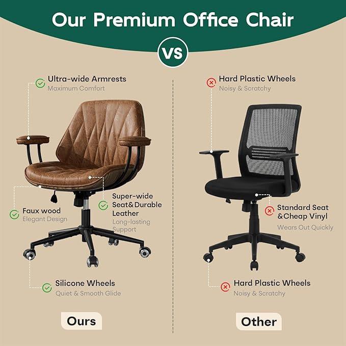 Office Desk Chair with Rubber Casters and Padded Arms, Premium Cognac Brown Faux Leather Computer Chair, Height Adjustable Vintage Rolling Swivel Executive Task Chair for Home Office