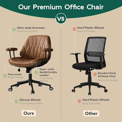 Office Desk Chair with Rubber Casters and Padded Arms, Premium Cognac Brown Faux Leather Computer Chair, Height Adjustable Vintage Rolling Swivel Executive Task Chair for Home Office