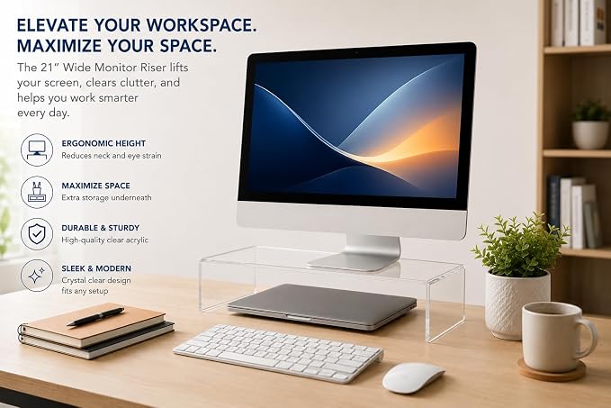 Azar 515360 Acrylic Monitor Stand Riser – Made in USA Laptop stand and Monitor Riser Acrylic Monitor Stand Riser Clear Laptop Stand for Desk Ergonomic Display Riser, Clear (21-Inch-Luxury Handcrafted)