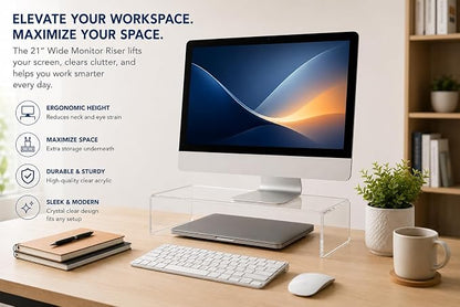 Azar 515360 Acrylic Monitor Stand Riser – Made in USA Laptop stand and Monitor Riser Acrylic Monitor Stand Riser Clear Laptop Stand for Desk Ergonomic Display Riser, Clear (21-Inch-Luxury Handcrafted)